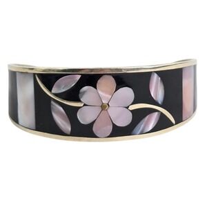 Vintage Mexico Alpaca Silver & Mother of Pearl Abalone Cuff Bracelet Flower Pink